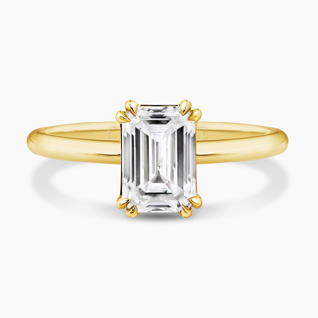 18ct yellow gold 2.00ct E VVS2 emerald cut lab grown diamond solitaire ring in a four claw setting. IGI Cert