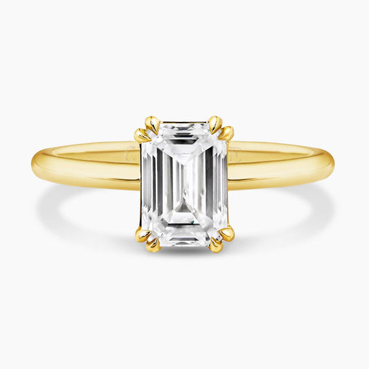 18ct yellow gold emerald cut lab grown diamond solitaire ring in a four claw setting