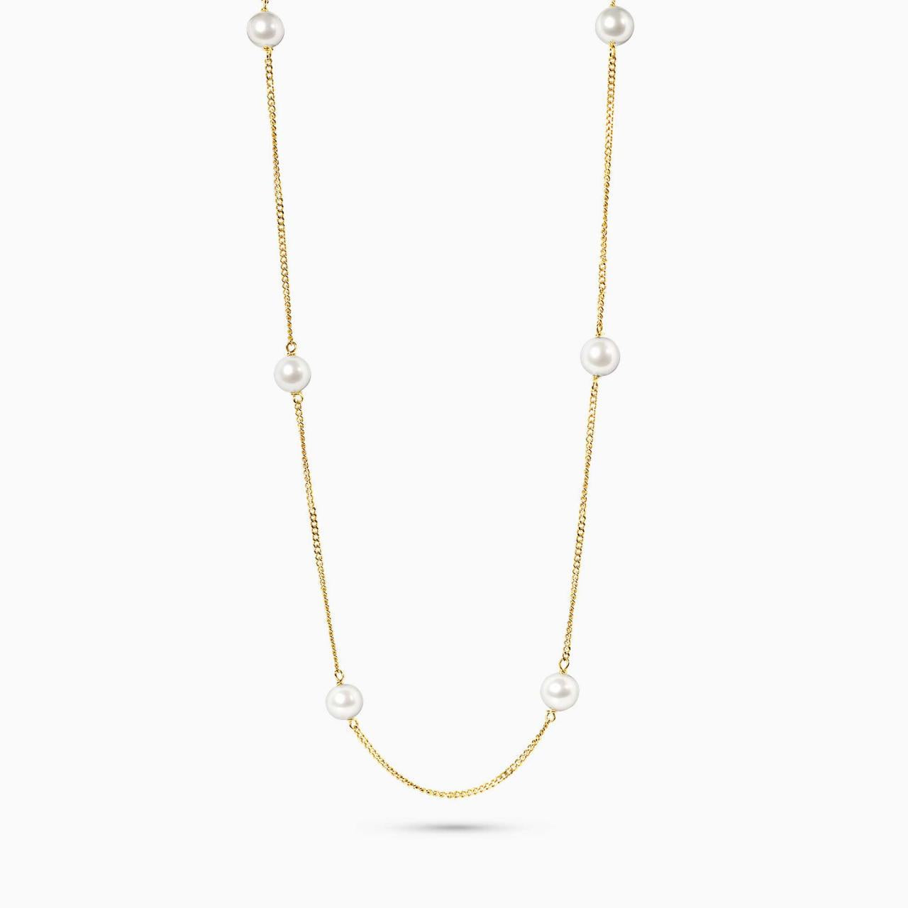 18ct yellow gold fresh water pearl drop necklace on a white background