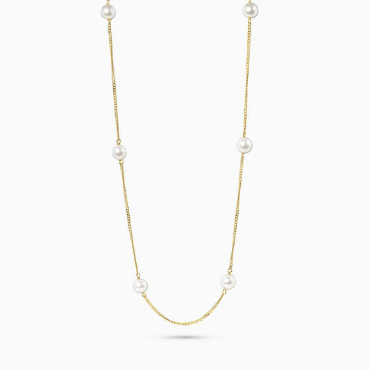 18ct yellow gold fresh water pearl drop necklace on a white background