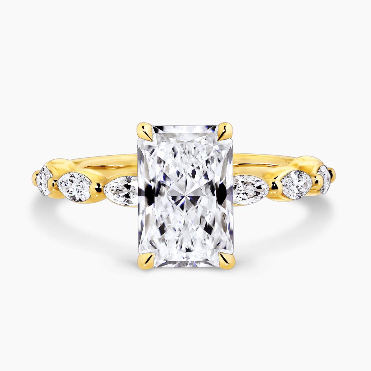 18ct yellow gold 2.31ct radiant and 8=0.50ct marquise cut lab grown diamond engagement ring