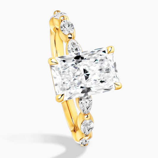 18ct yellow gold 2.31ct radiant and 8=0.50ct marquise cut lab grown diamond engagement ring