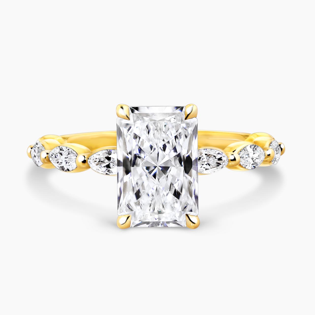 18ct yellow gold 2.31ct radiant and 8=0.50ct marquise cut lab grown diamond engagement ring