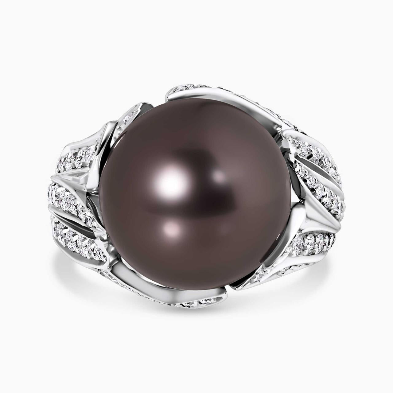 18ct White Gold 13.72mm Round Tahitian Pearl and Diamond Ring