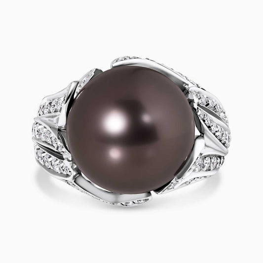 18ct White Gold 13.72mm Round Tahitian Pearl and Diamond Ring