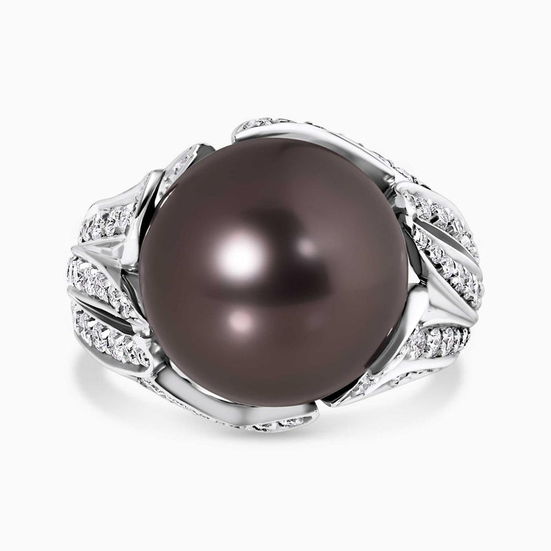 18ct White Gold 13.72mm Round Tahitian Pearl and Diamond Ring