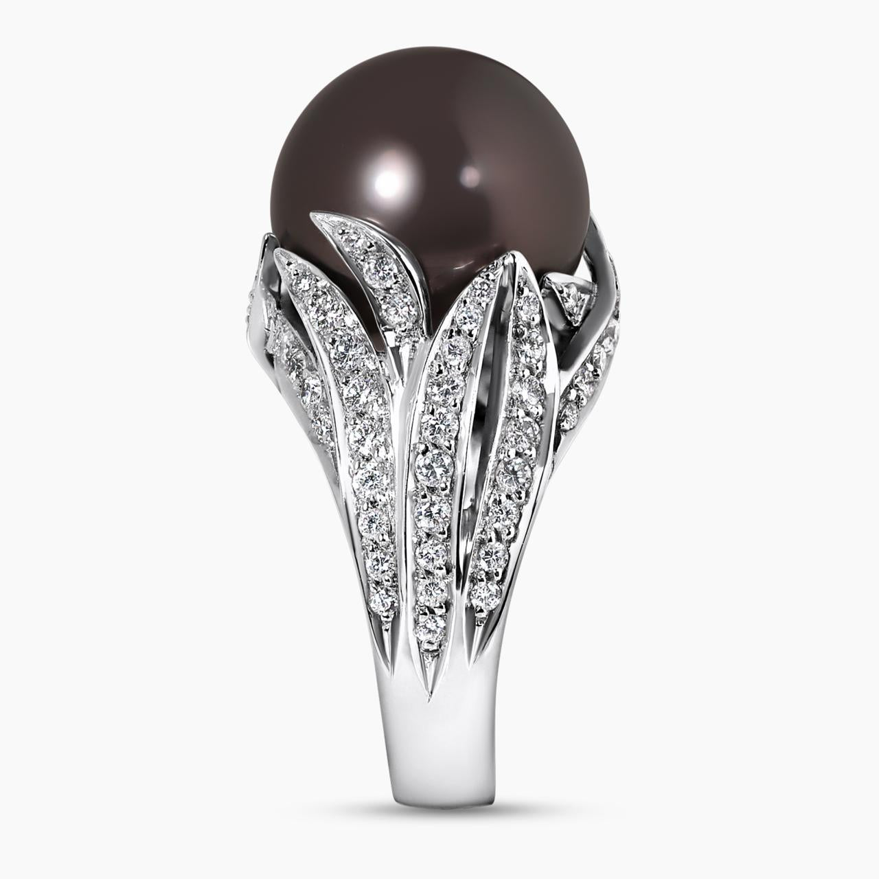 18ct White Gold 13.72mm Round Tahitian Pearl and Diamond Ring