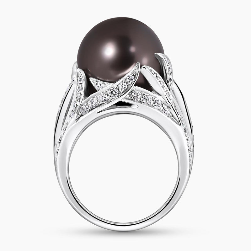 18ct White Gold 13.72mm Round Tahitian Pearl and Diamond Ring