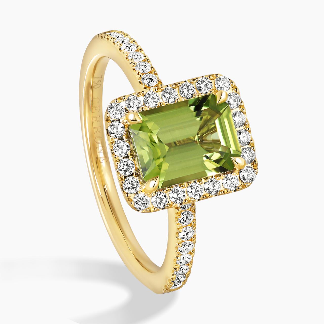 18ct yellow gold 1.46ct emerald cut peridot & diamond dress ring side view