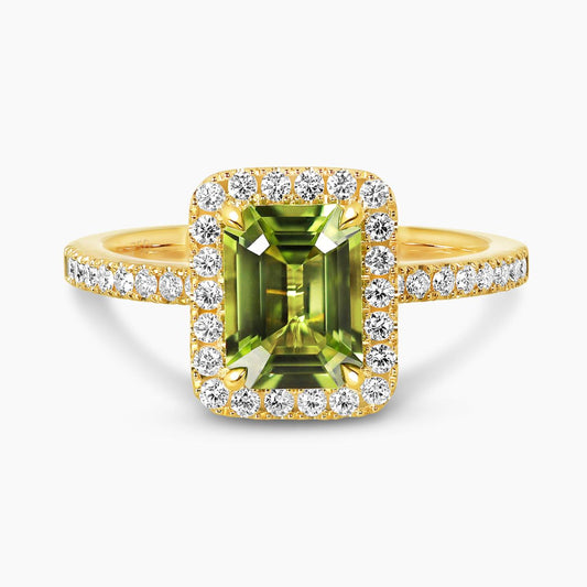 18ct yellow gold 1.46ct emerald cut peridot & diamond dress ring