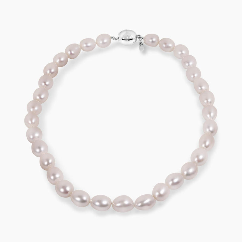 Fresh water 11mm rice shape pearls necklace with a rhodium plated silver magnetic clasp