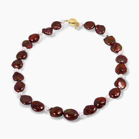 Baroque dyed brown pearls and fresh water pearls necklace with gold plated oval magnetic clasp 