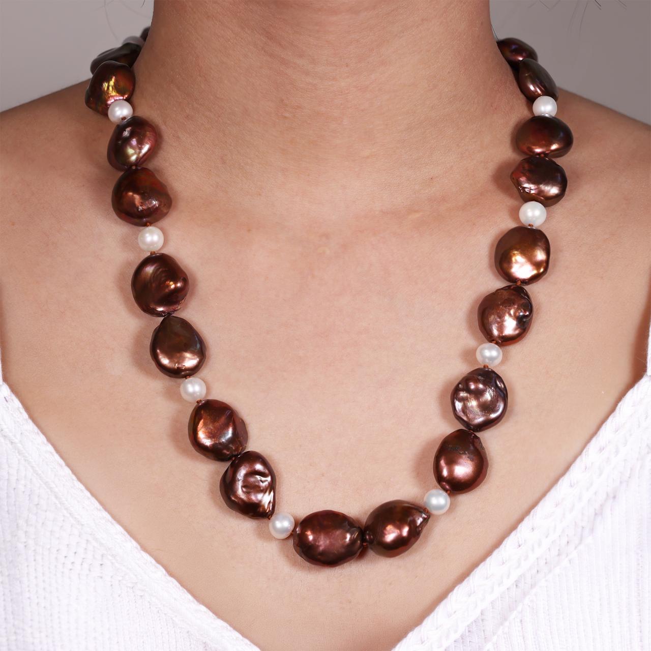 Baroque dyed brown pearls and fresh water pearls necklace with gold plated oval magnetic clasp from the Carmela Cerrone Collection
