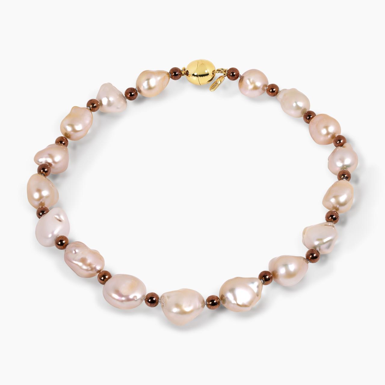 Single row of 15mm AAA baroque fresh water pearls and 6mm bronze plated hematite necklace with gold plated oval silver magnetic clasp