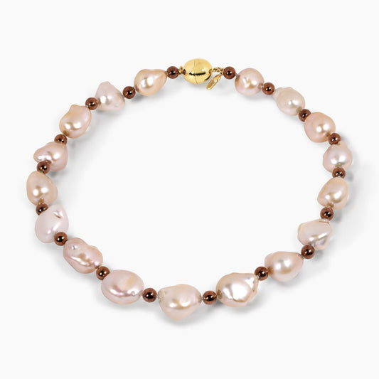 Single row of baroque fresh water pearls and bronze plated hematite necklace with gold plated oval silver magnetic clasp