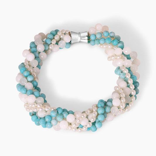 Fresh water rice pearls, amazonite and jasper strands necklace with a silver cone magnetic clasp 