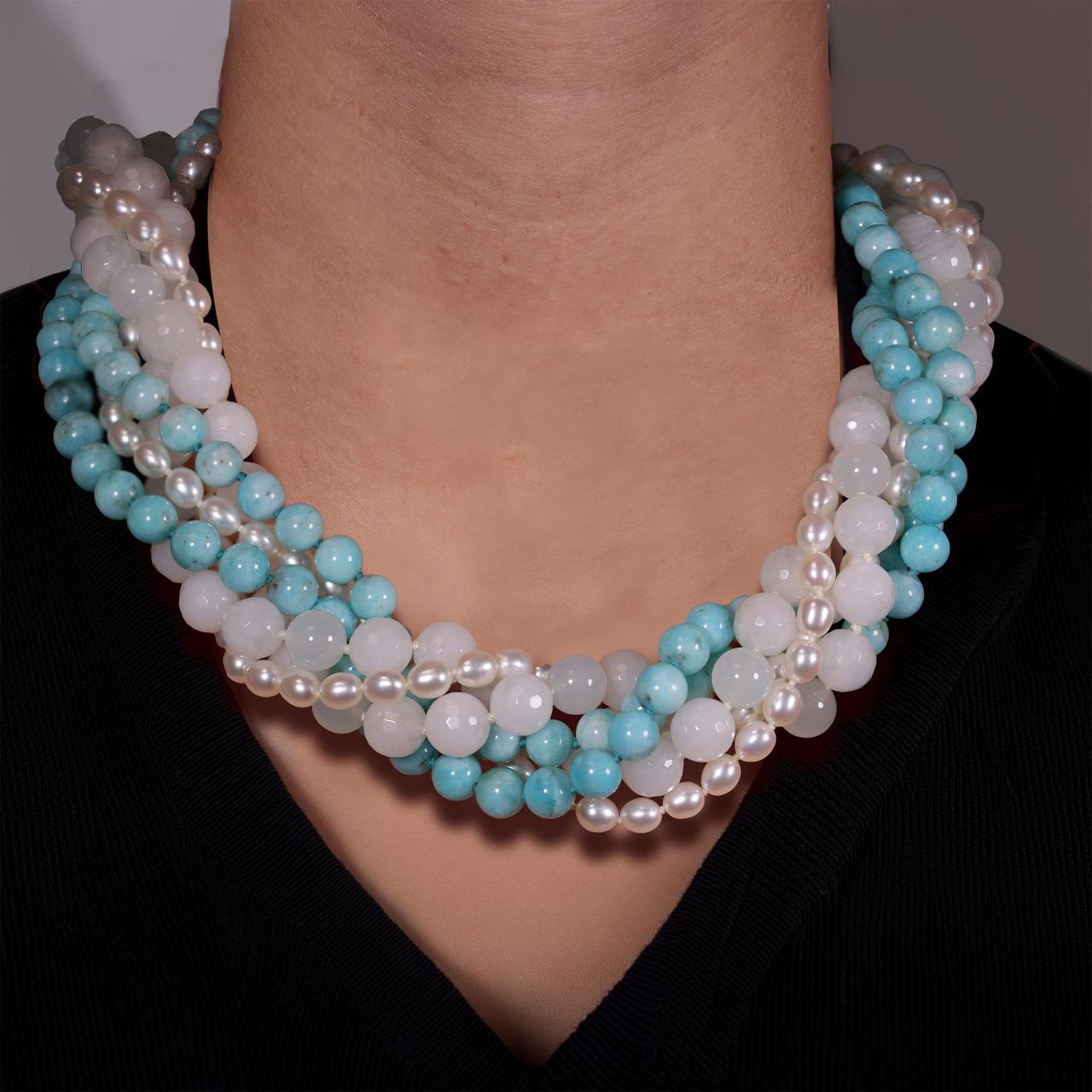 Fresh water rice pearls, amazonite and jasper strands necklace with a silver cone magnetic clasp from the Carmela Cerrone Collection