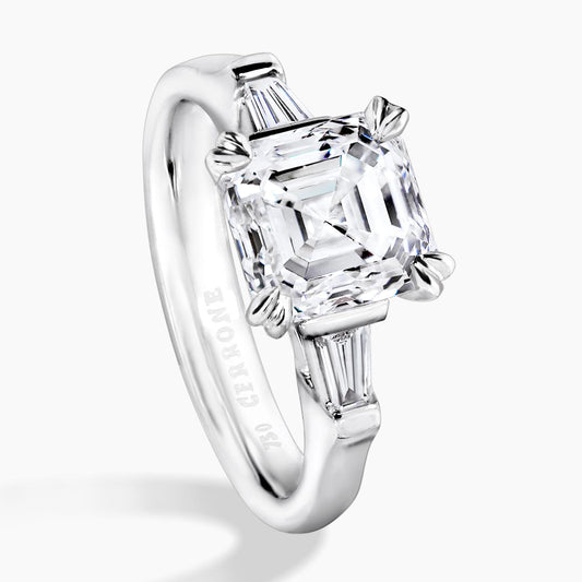 18ct white gold Asscher cut diamond engagement ring with tapered baguettes
