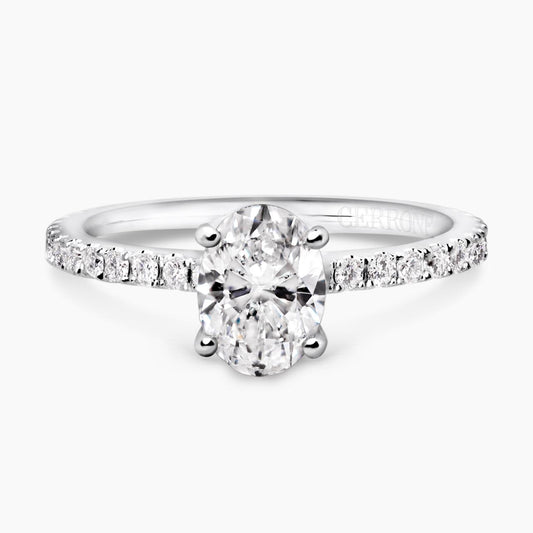 PORTOFINO  4 CLAW 18ct white gold oval brilliant cut diamond ring with diamond band. GIA Cert