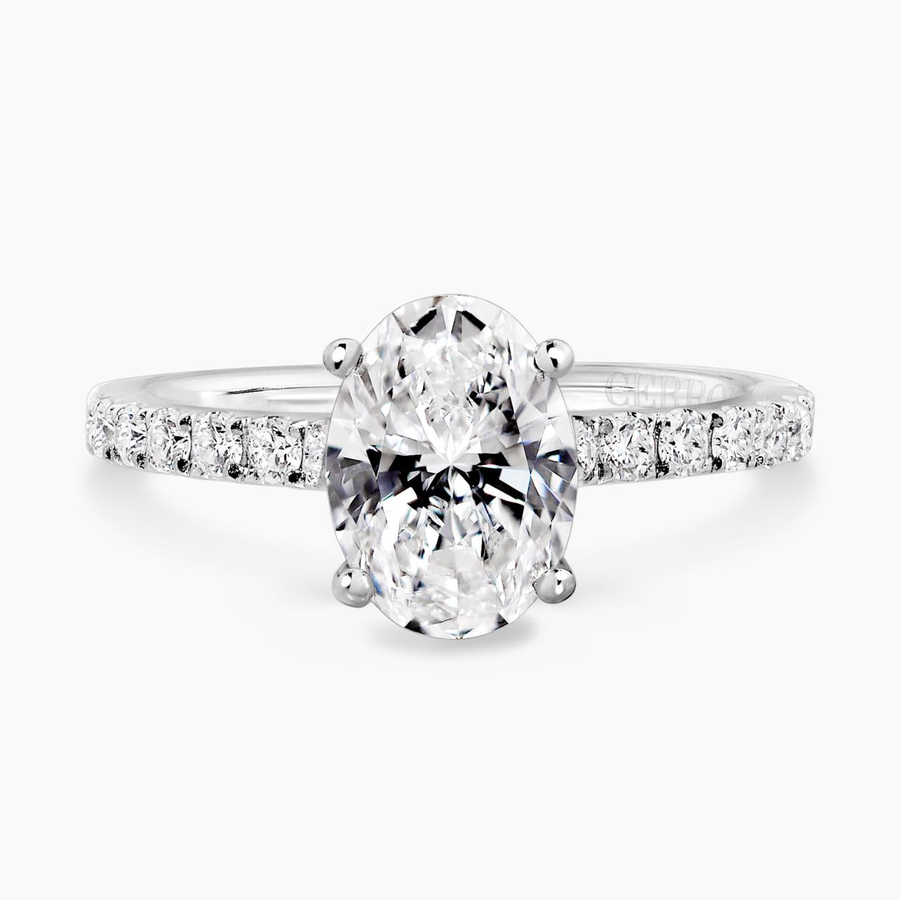 18ct white gold oval cut diamond engagement ring in a four claw setting with a diamond band. GIA Cert