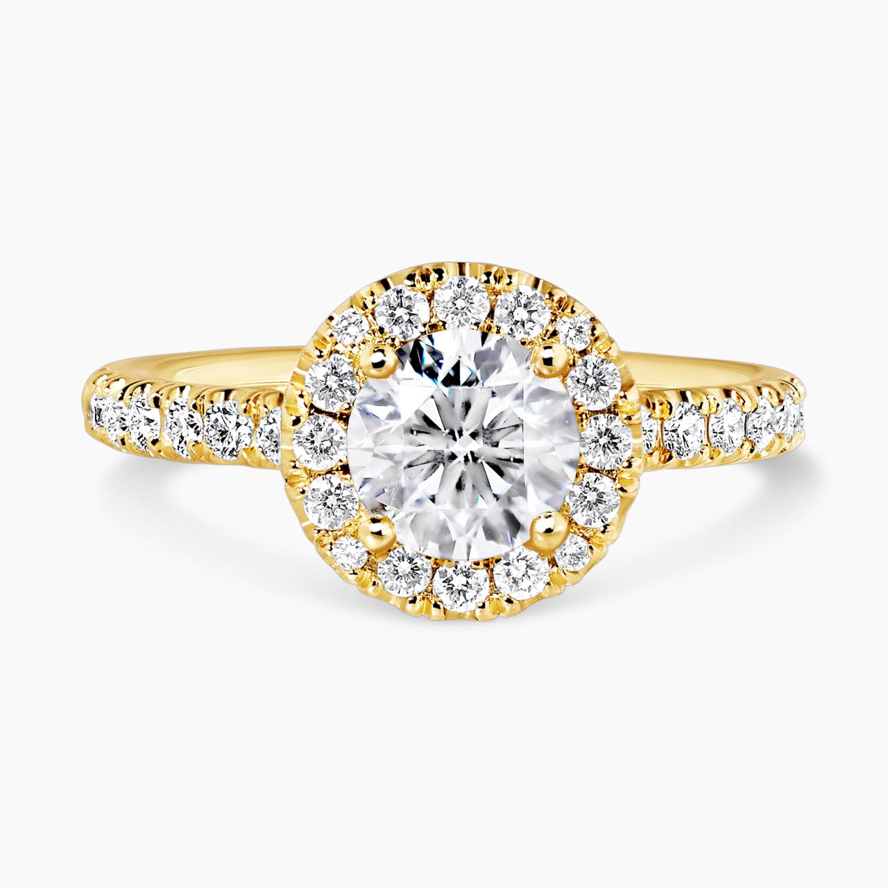 18ct yellow gold round brilliant cut diamond ring with halo. GIA Cert