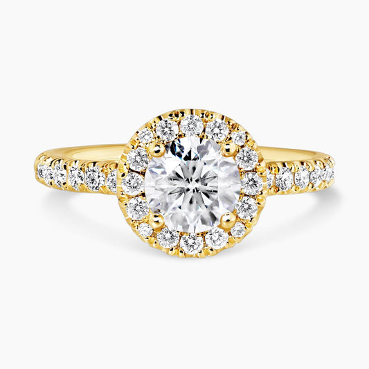 18ct yellow gold round brilliant cut diamond ring with halo
