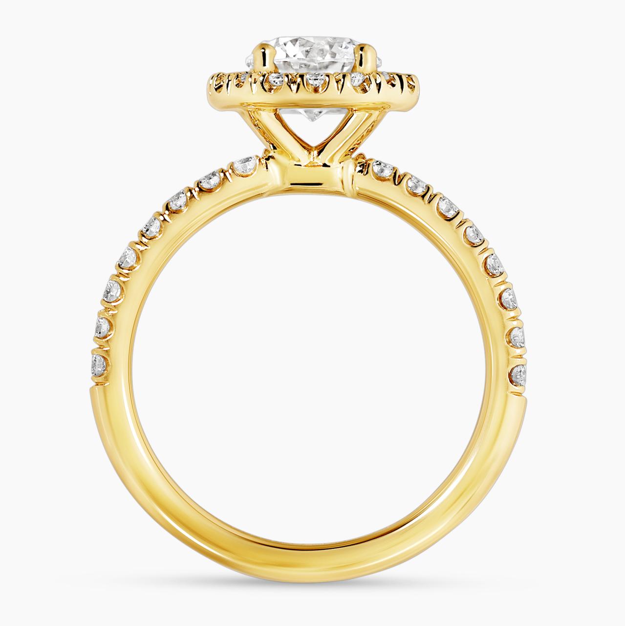 18ct yellow gold round brilliant cut diamond ring with halo. GIA Cert