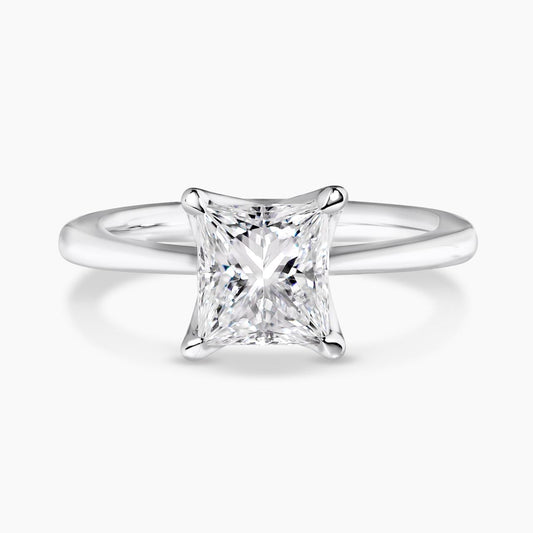 18ct white gold princess cut diamond solitaire engagement ring in a four claw setting