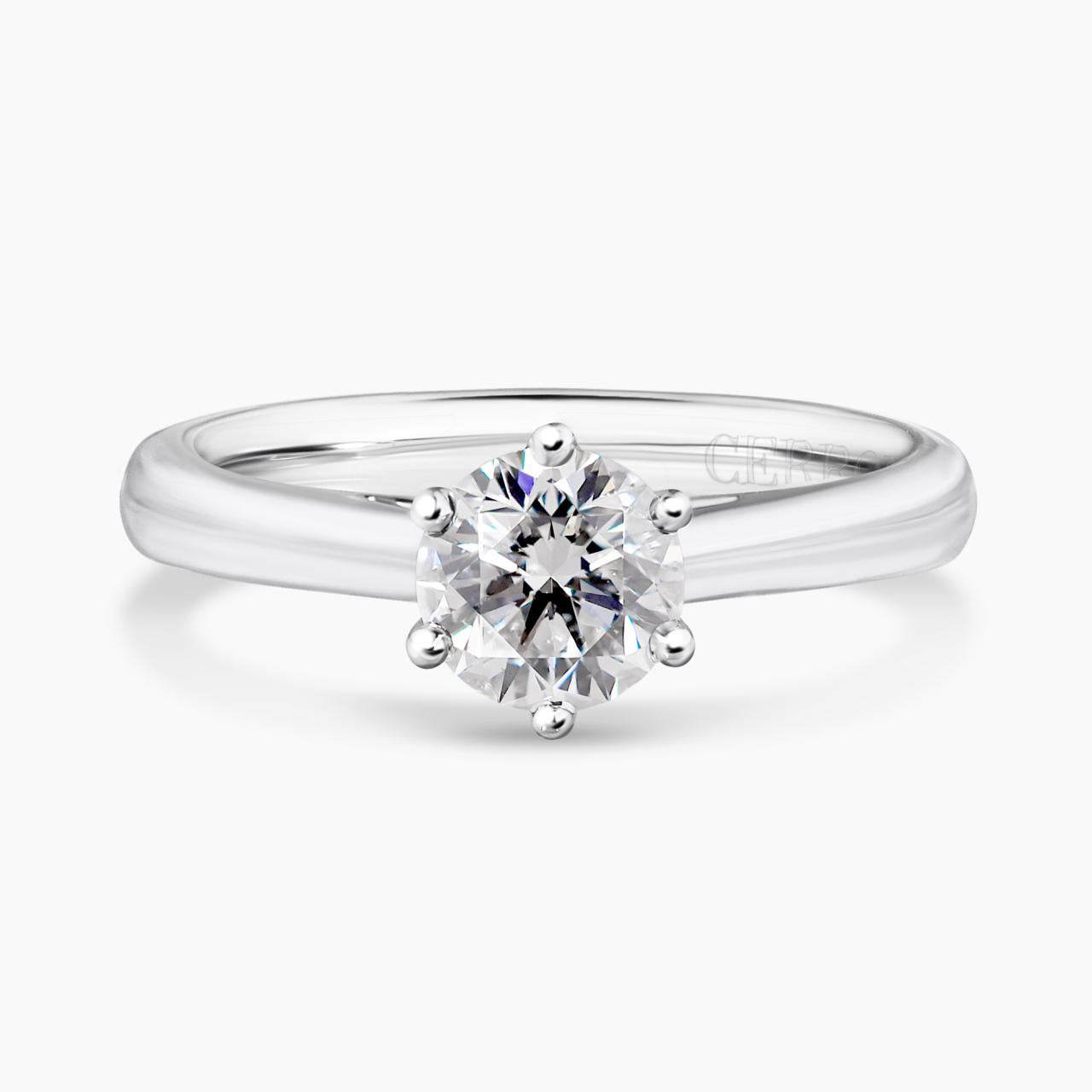 18ct white gold round brilliant cut diamond solitaire engagement ring in a six claw setting. GIA Cert