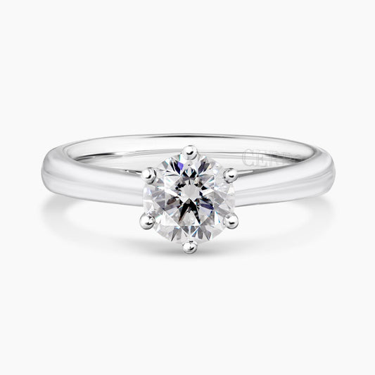 18ct white gold round brilliant cut diamond solitaire engagement ring in a six claw setting