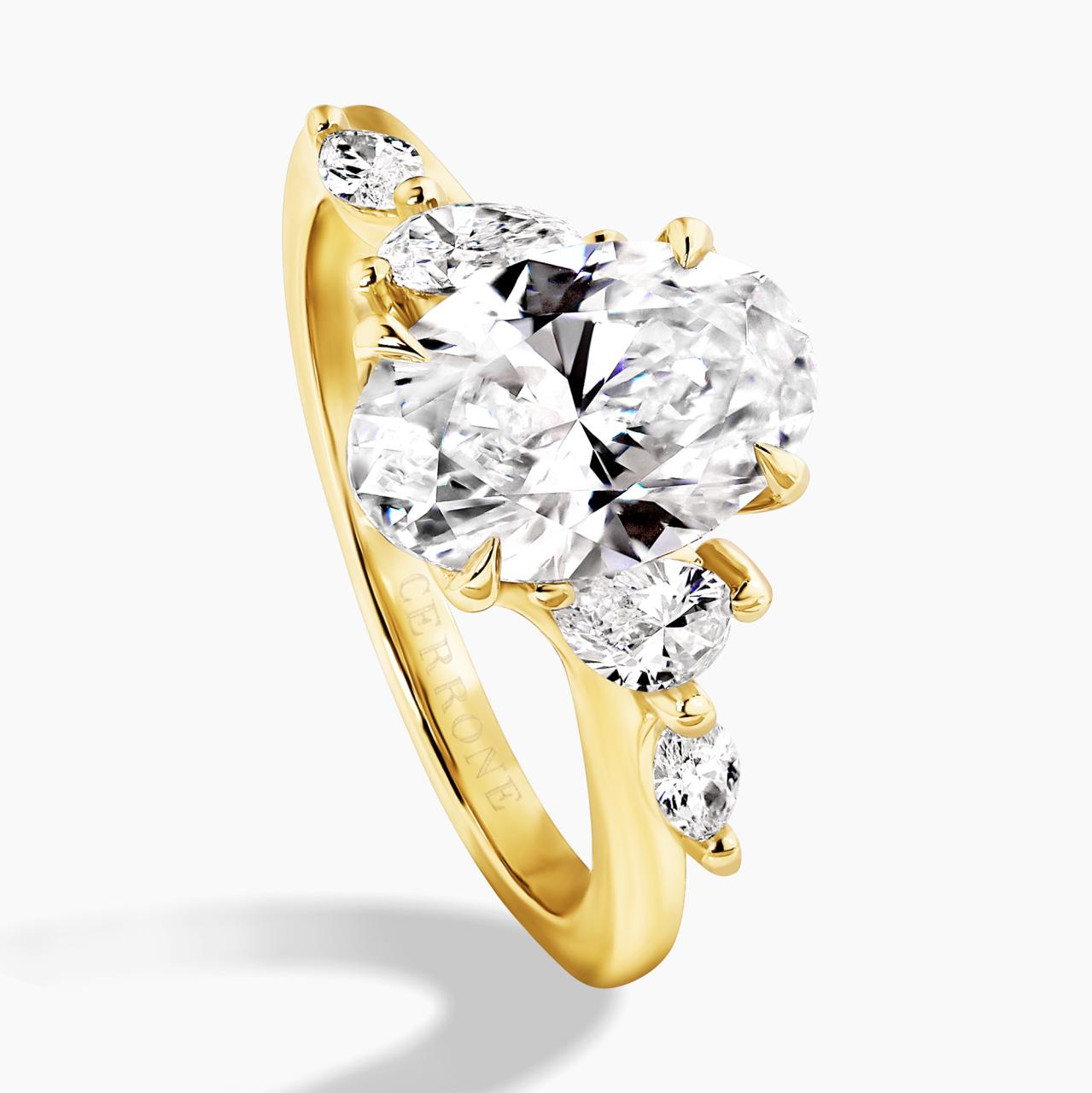 18ct yellow gold 2.00ct D VVS2 oval lab grown diamond ring with pear and marquise shaped lab grown diamonds. IGI Cert