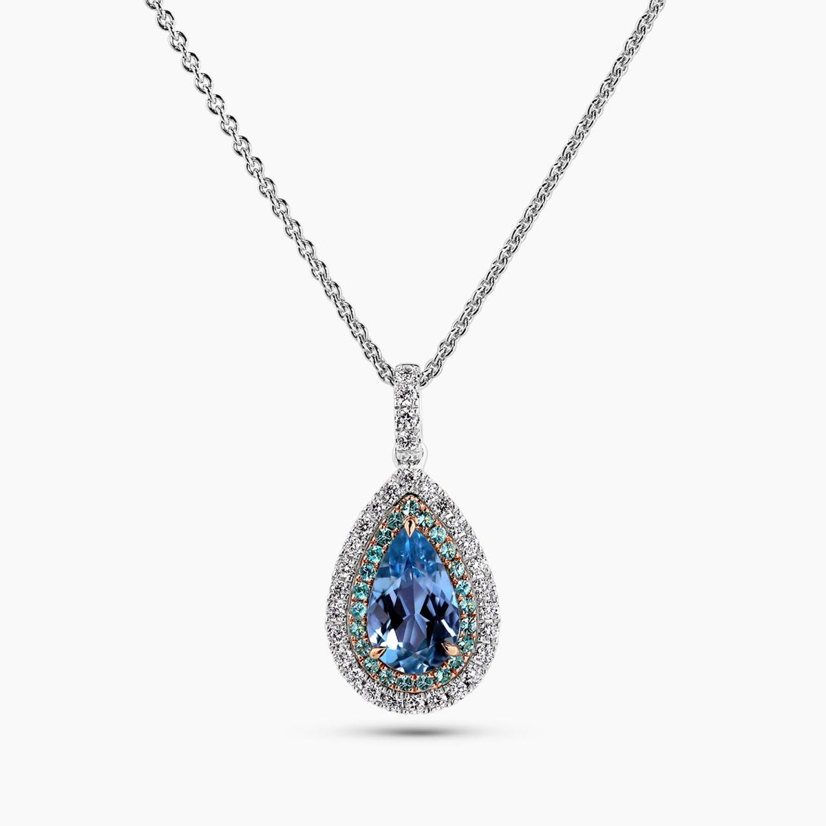 18ct white and rose gold aquamarine, Paraiba tourmaline and diamond necklace