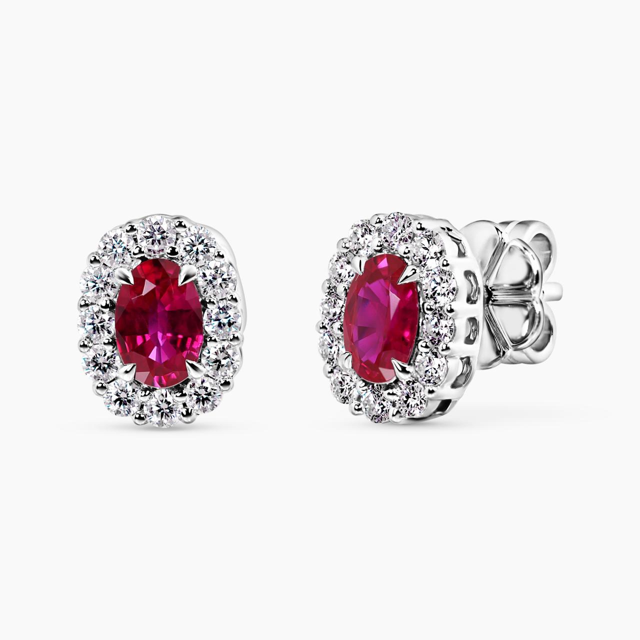 18ct white gold oval mozambique rubies pigeon blood red & diamond claw set stud earrings