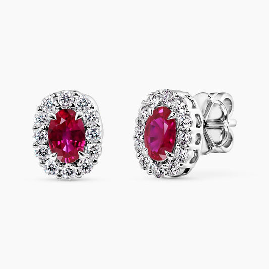 18ct white gold oval mozambique rubies pigeon blood red & diamond claw set stud earrings