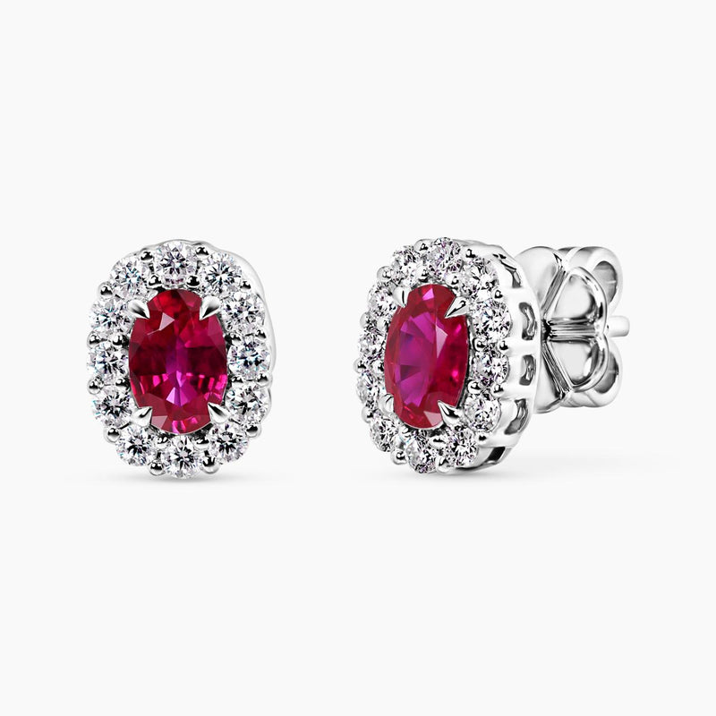 18ct white gold oval mozambique rubies pigeon blood red & diamond claw set stud earrings