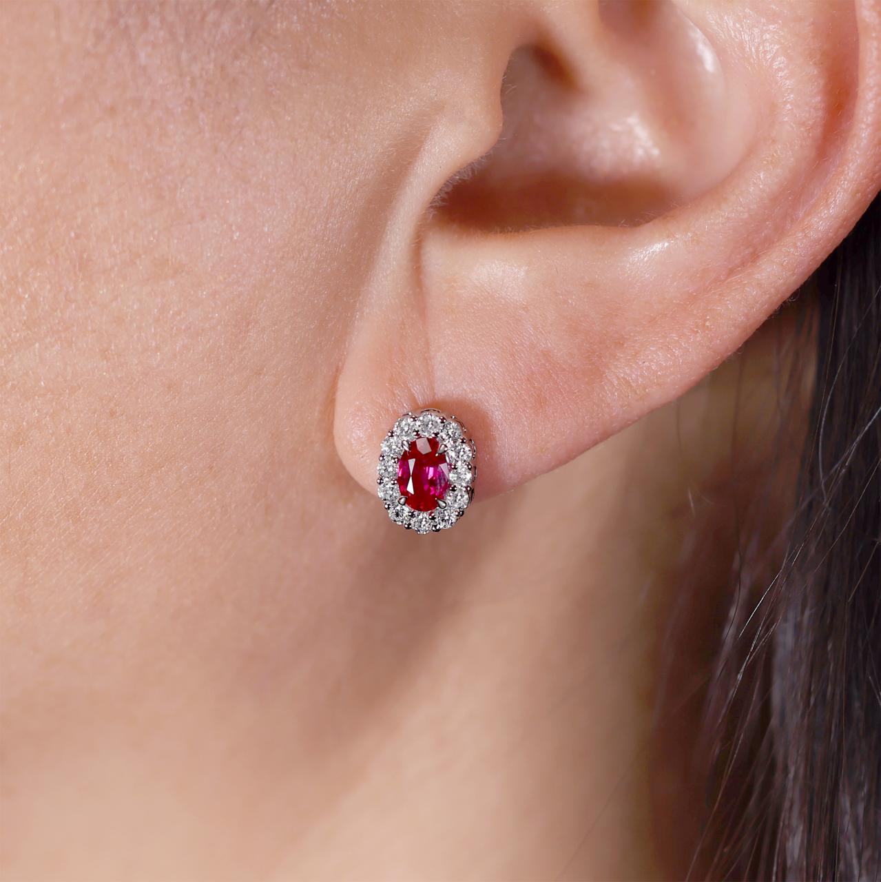 18ct white gold oval mozambique rubies pigeon blood red & diamond claw set stud earrings