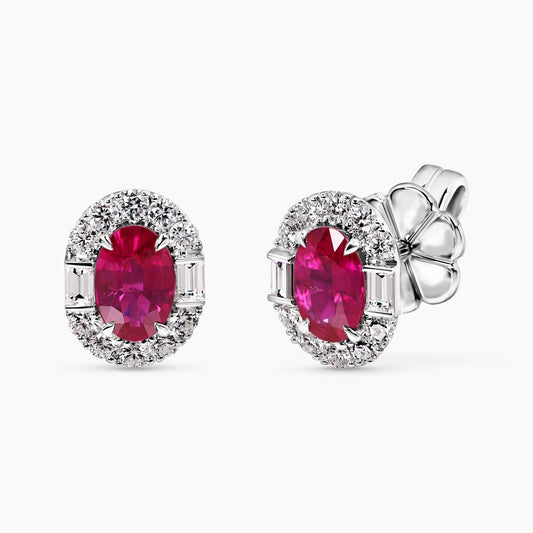 18ct white gold oval Mozambique rubies pigeon blood red & diamond stud earrings