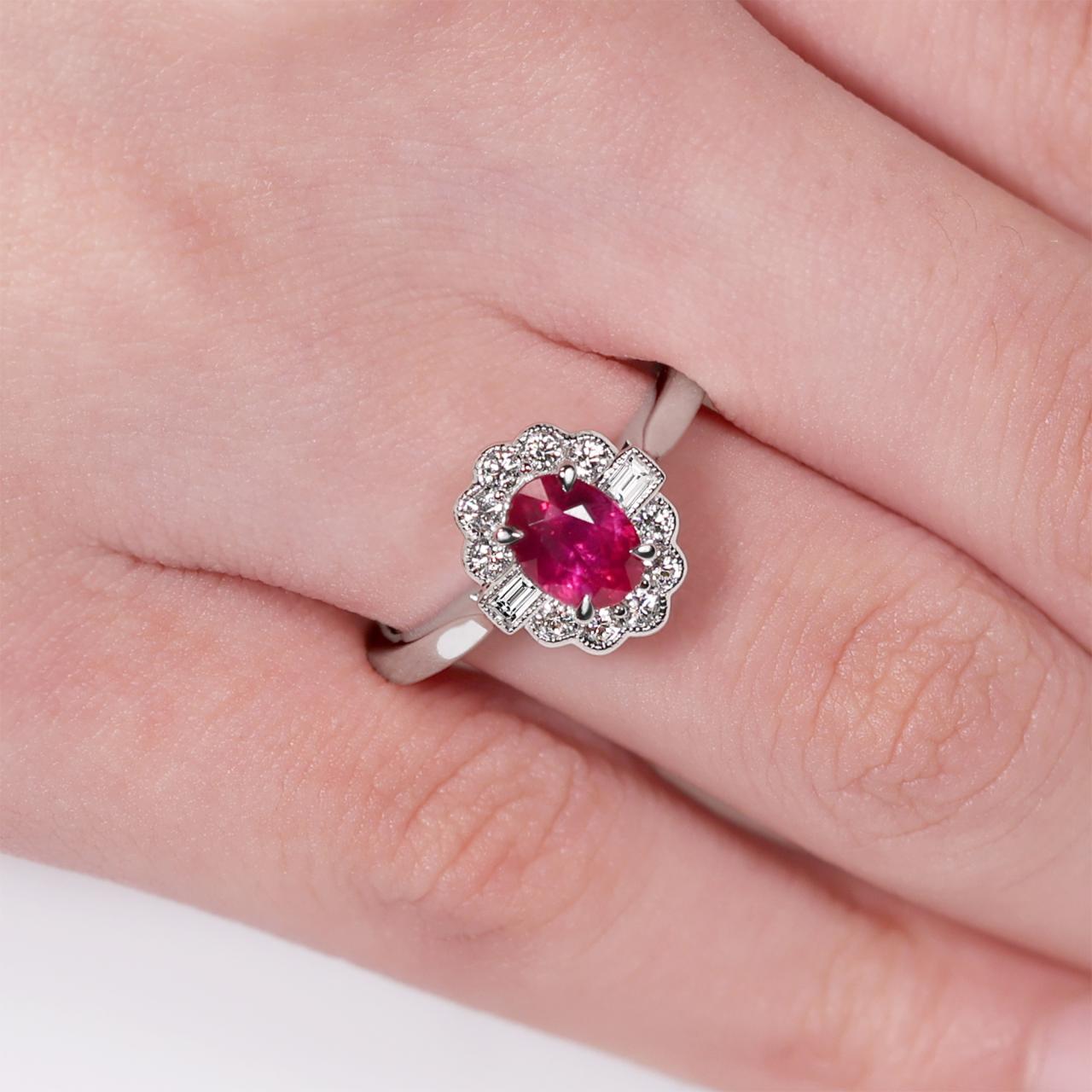 18ct white gold 0.97ct oval mozambique pigeon blood red ruby & diamond ring