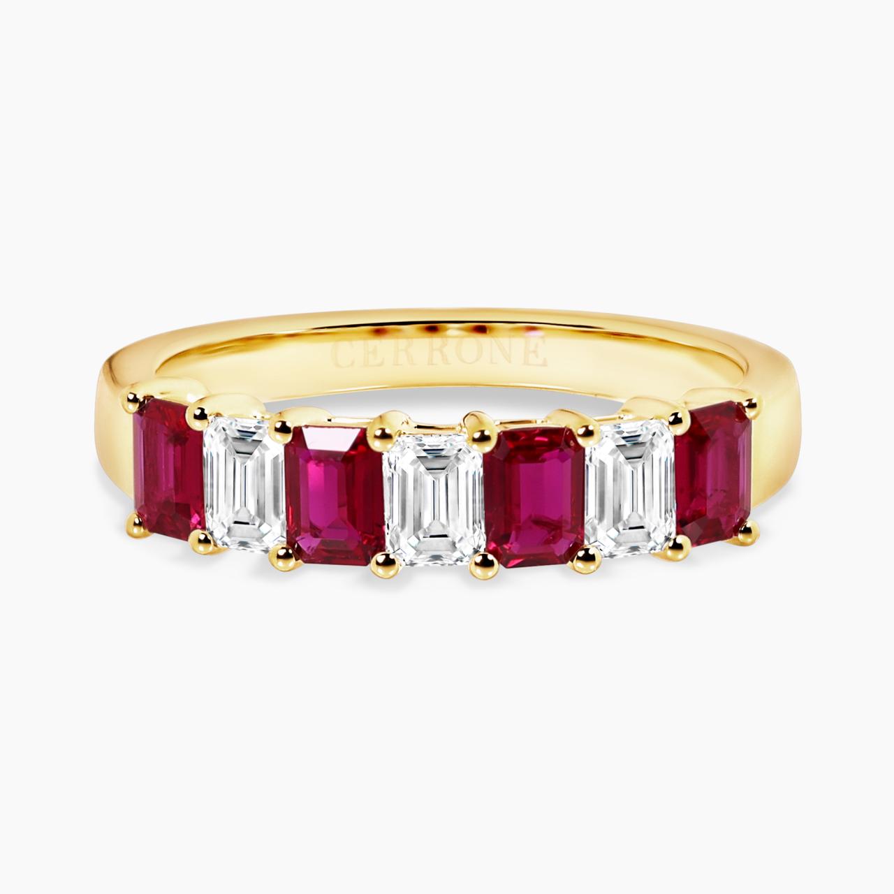 18ct yellow gold emerald cut ruby & diamond claw set ring