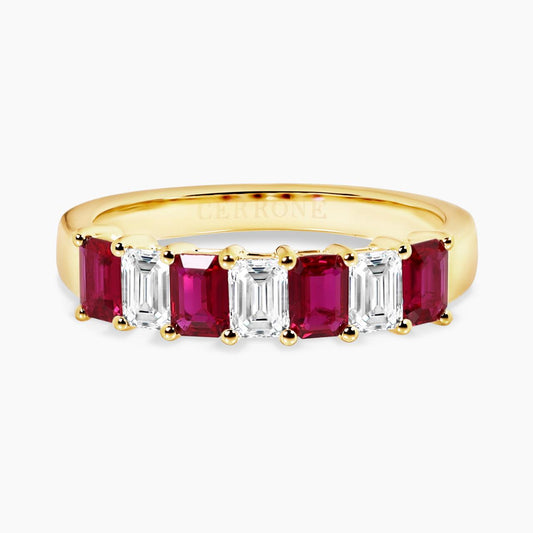 18ct yellow gold emerald cut ruby & diamond claw set ring