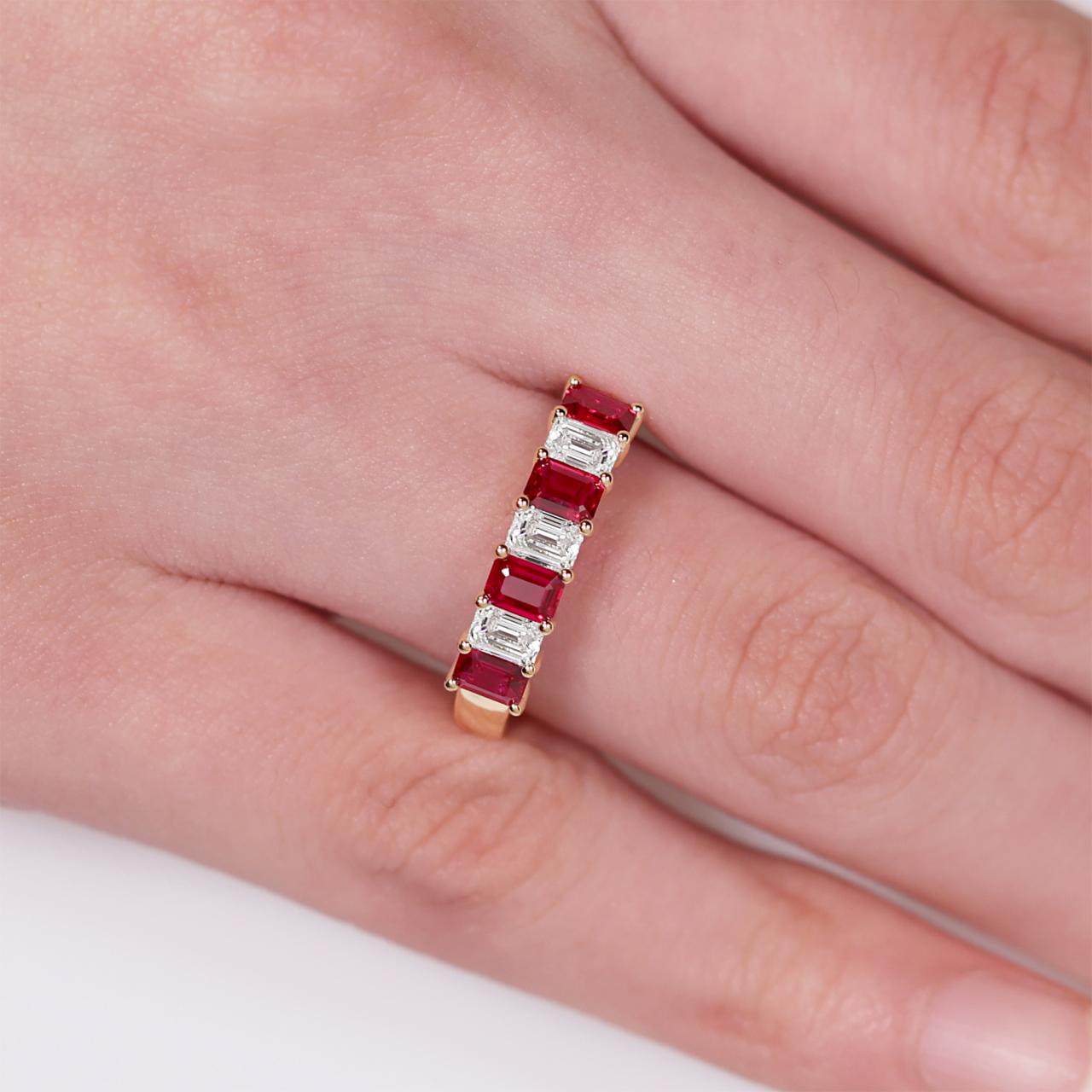 18ct yellow gold emerald cut ruby & diamond claw set ring