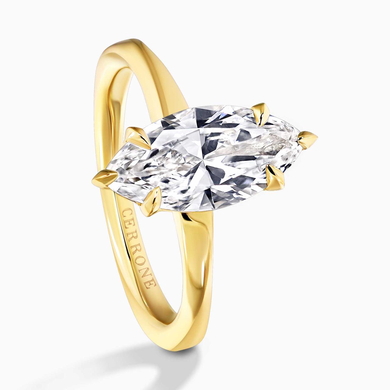 18ct yellow gold 2.06ct E VVS2 marquise Lab grown diamond solitaire ring in a six claw setting. IGI Cert