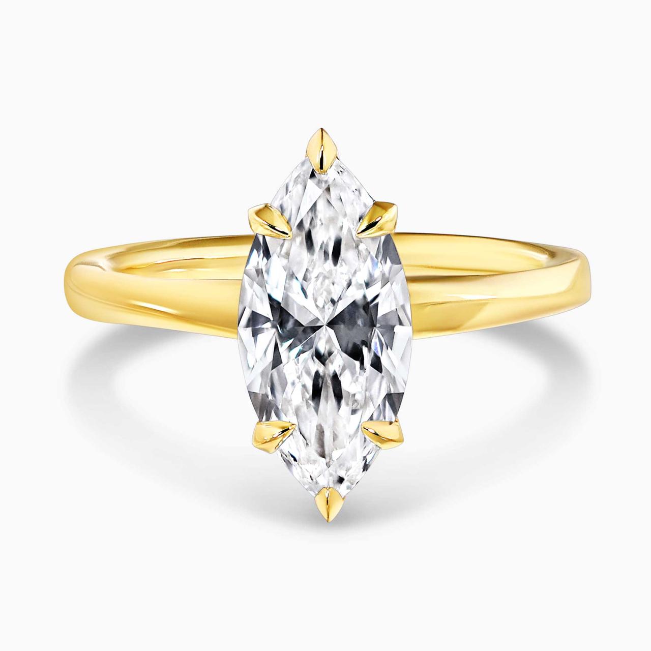 18ct yellow gold 2.06ct E VVS2 marquise Lab grown diamond solitaire ring in a six claw setting. IGI Cert