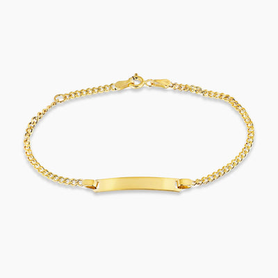 18ct yellow gold hollow diamond cut flat curb link ID baby bracelet with spring ring clasp
