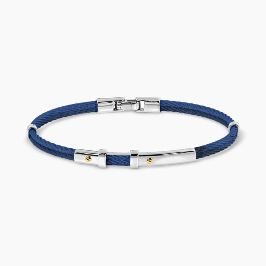 Stainless steel and 18ct yellow gold royal blue woven rope men's bracelet 20cm