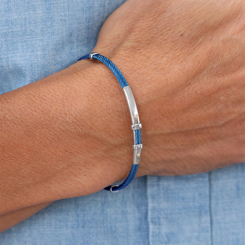Stainless steel and 18ct yellow gold royal blue woven rope men's bracelet on the wrist