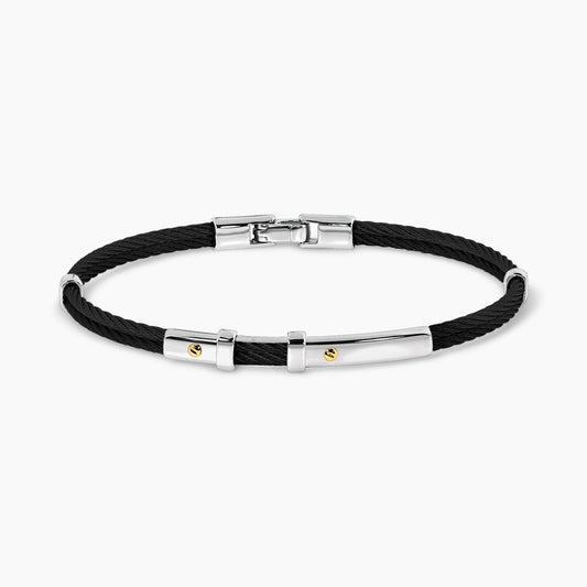 Stainless steel and 18ct yellow gold black woven rope men's bracelet 20cm