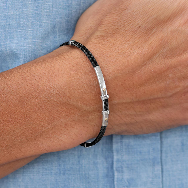 Stainless steel and 18ct yellow gold black woven rope men's bracelet 20cm on the wrist
