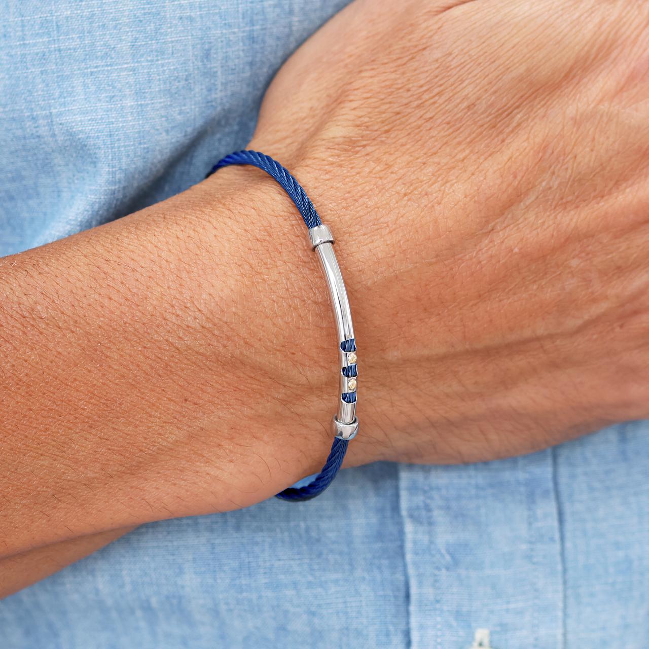 Stainless steel and 18ct yellow gold royal blue woven rope men's bracelet 20cm on the wrist