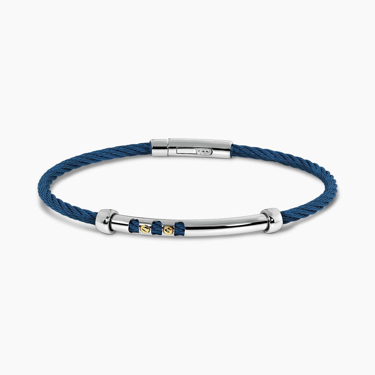 Stainless steel and 18ct yellow gold royal blue woven rope men's bracelet 20cm